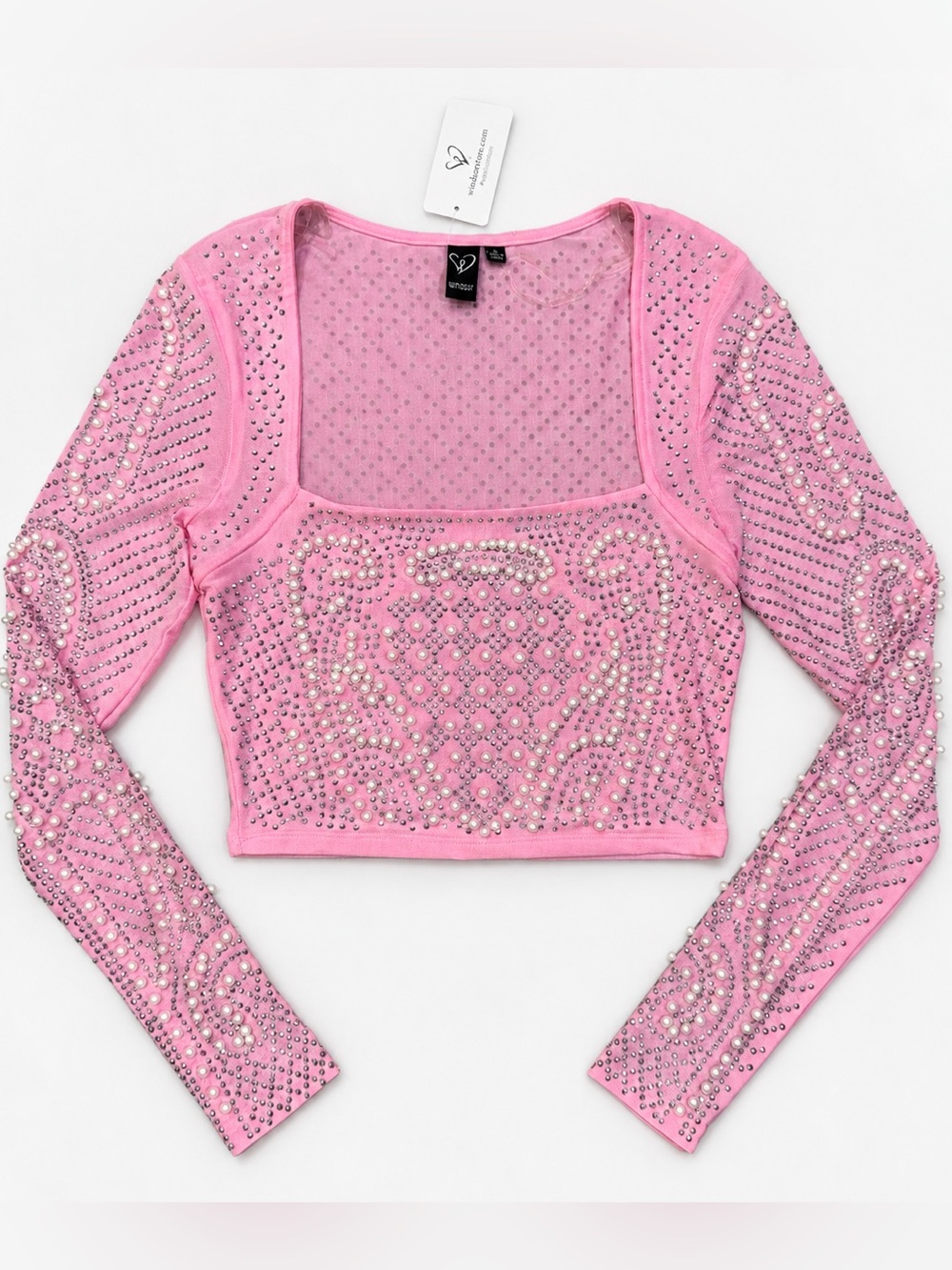 NWT Windsor Pink Rhinestone Pearl Mesh Long Sleeve Crop Top